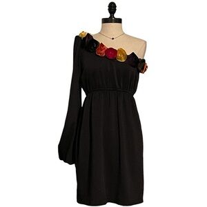 Judith March One Shoulder Balloon Sleeve Black Dress With Rosettes - Large - NWT